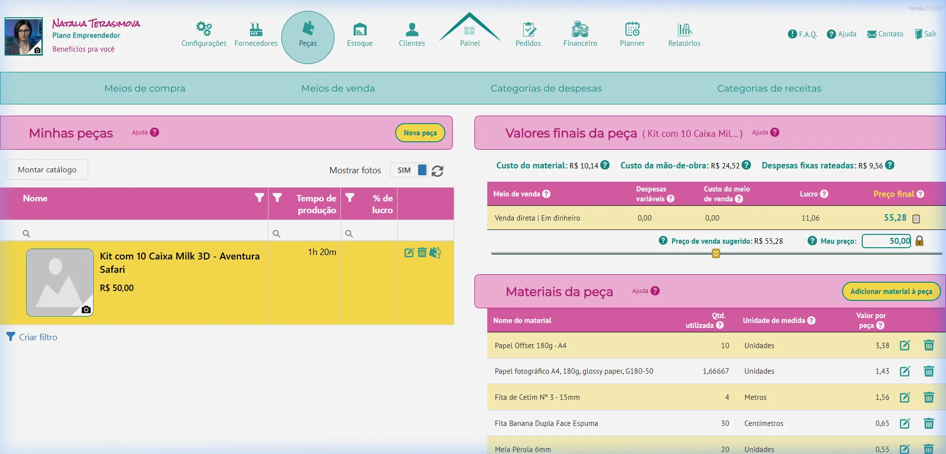 Seção Peças do Calcularte mostrando a lista de produtos e os valores finais