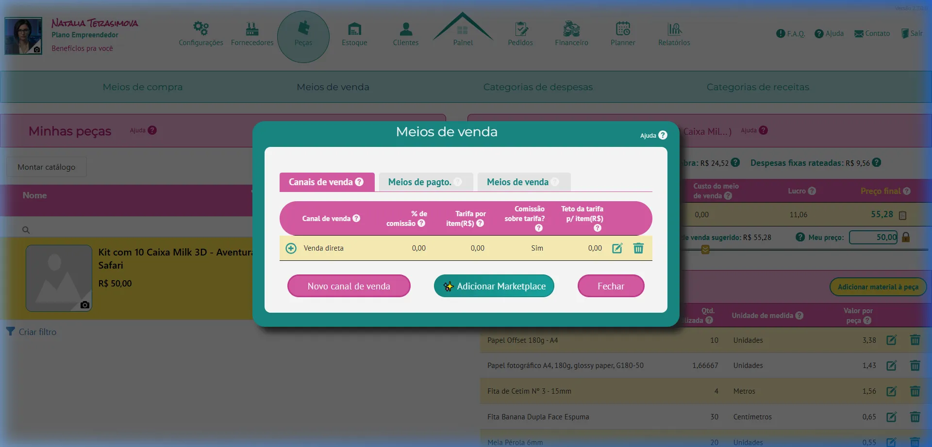 Popup Meios de Venda exibindo os canais de venda já configurados