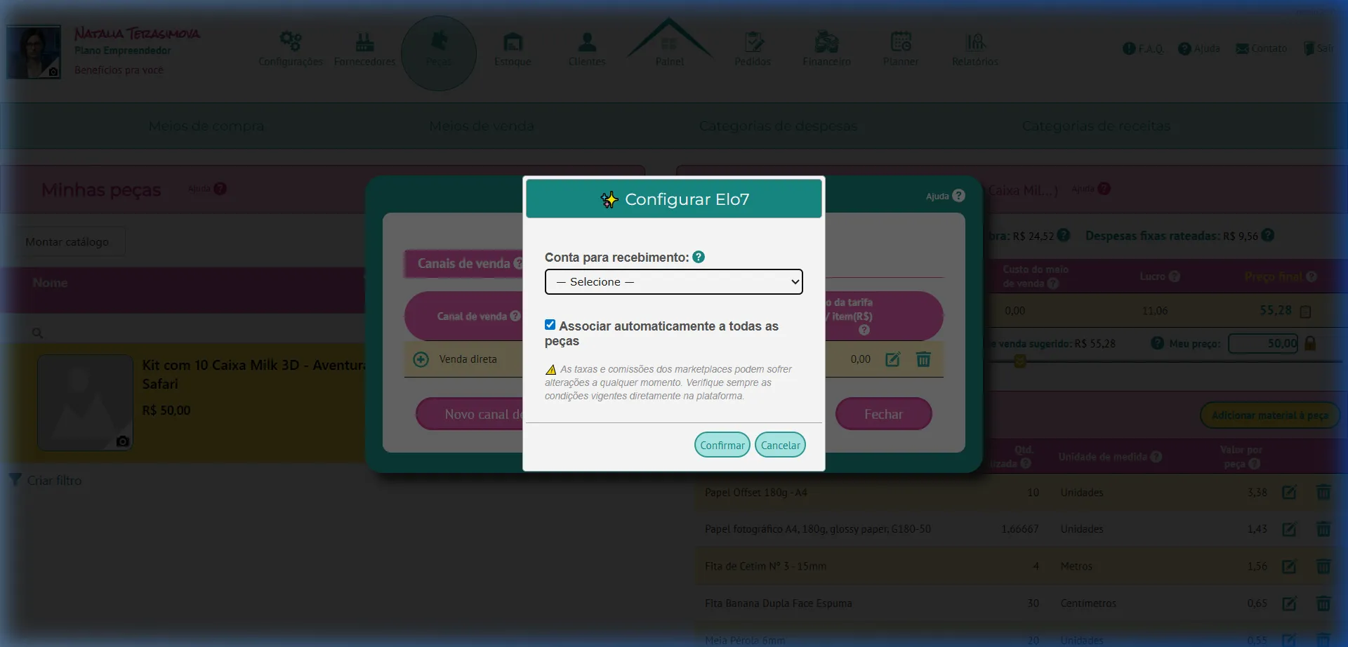 Tela de configuração do Elo7 com seleção da conta de recebimento