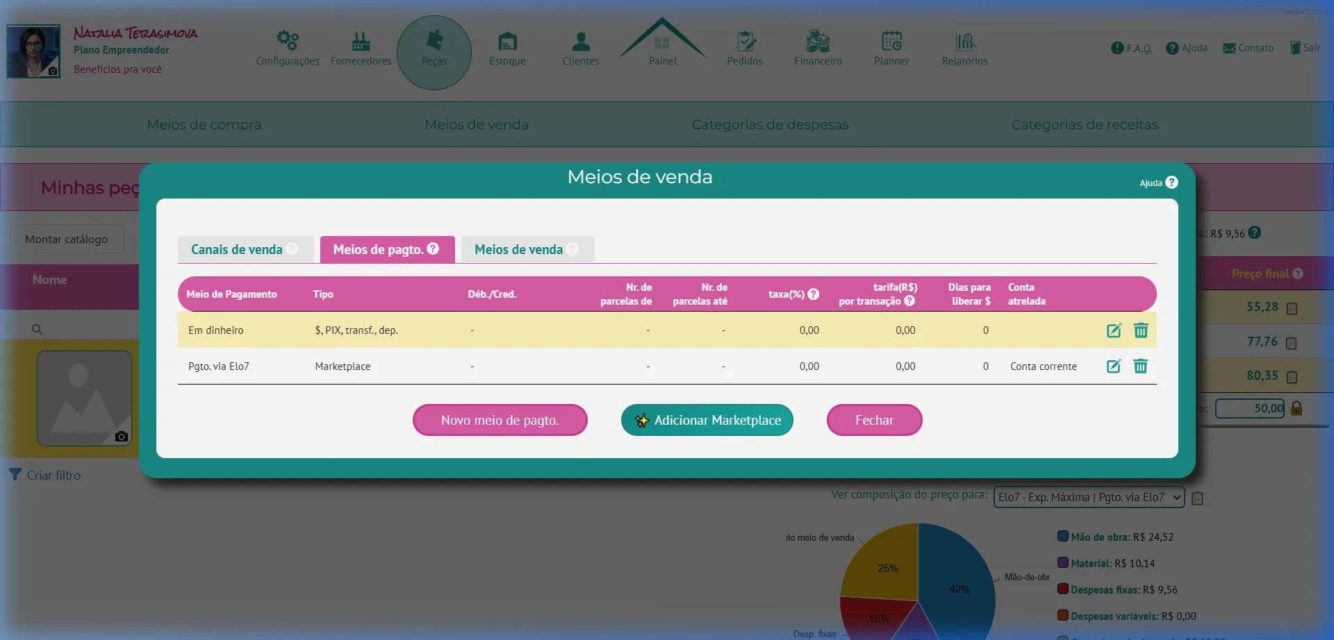 Aba Meios de pagamento com Pgto. via Elo7 vinculado à conta selecionada no Passo 4