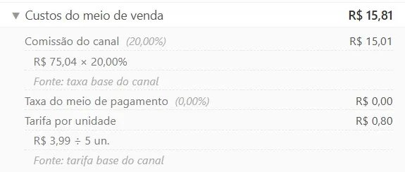 Custos do meio de venda mostrando a tarifa por unidade de R$ 0,80 (R$ 3,99 dividido por 5 unidades)
