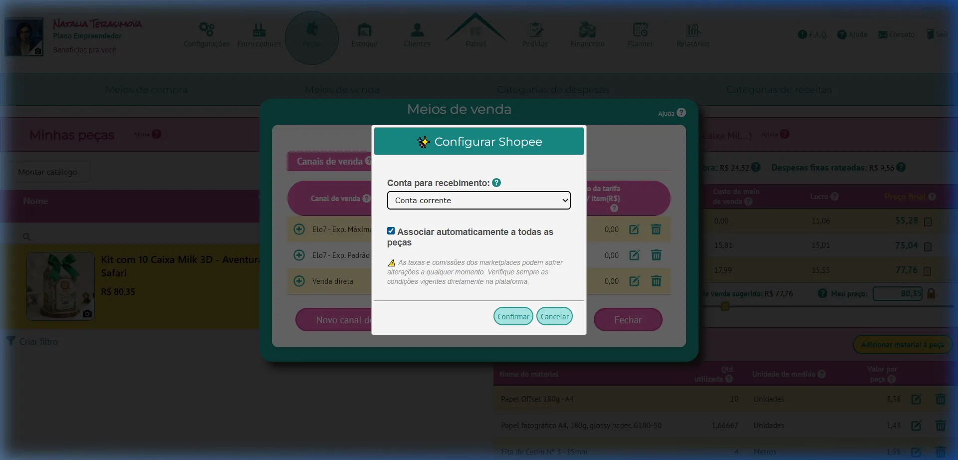 Tela de configuração da Shopee com seleção da conta de recebimento