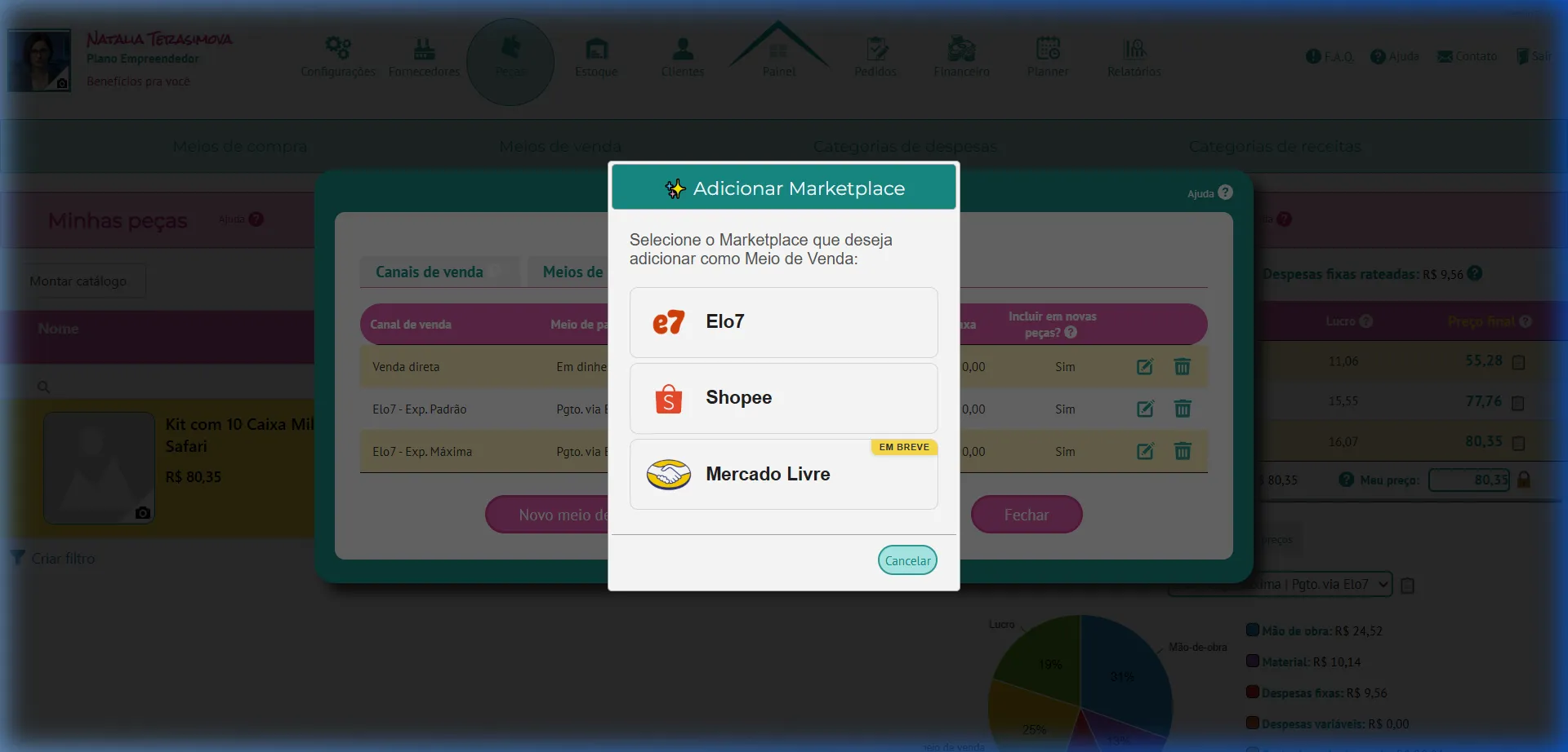 Popup de seleção de marketplace mostrando Shopee, Elo7 e Mercado Livre