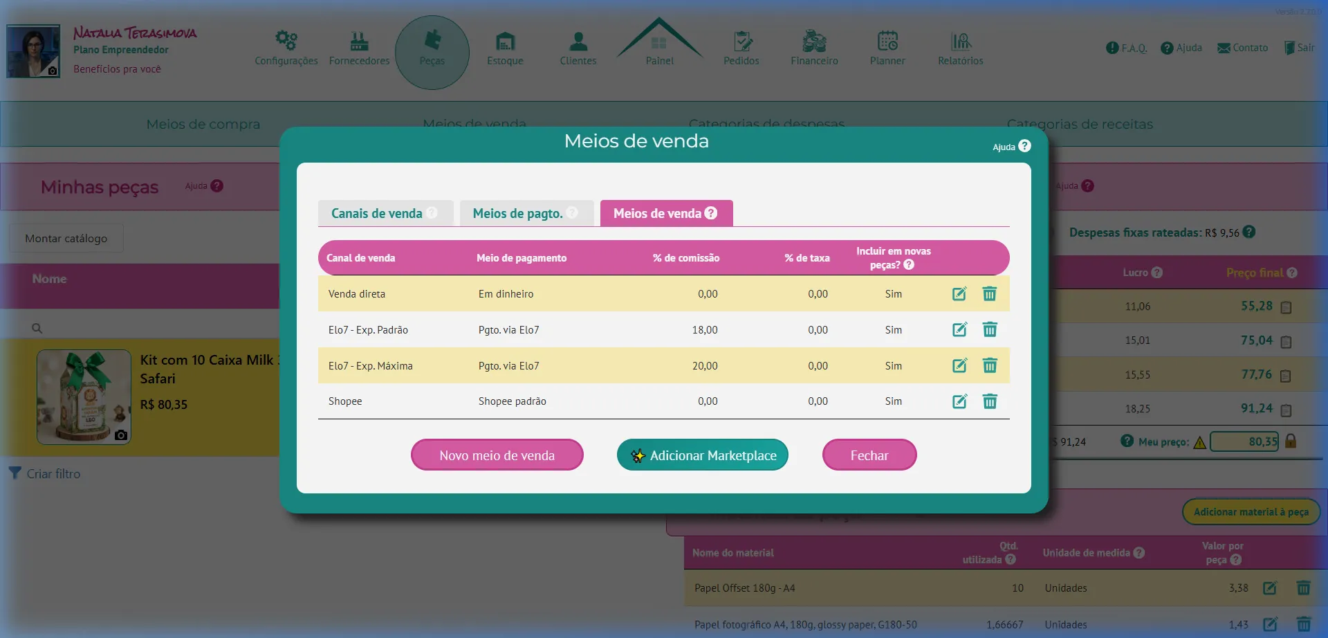 Aba Meios de venda mostrando a associação Shopee + Shopee padrão