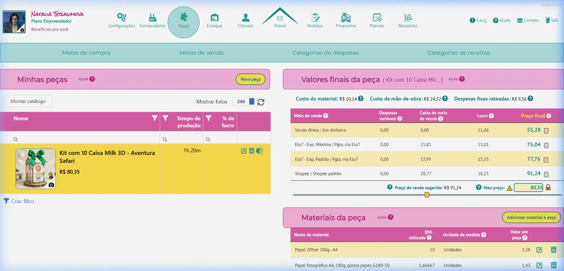 Valores finais da peça com os preços calculados incluindo a Shopee