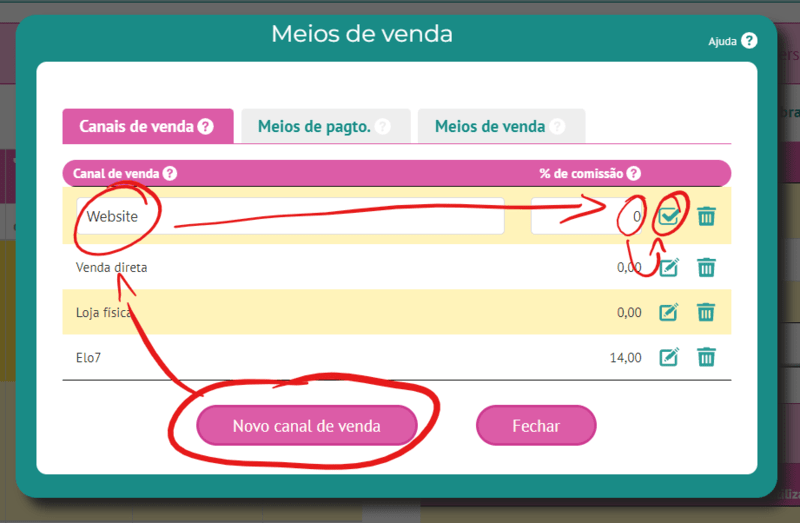 Inserindo canal de venda