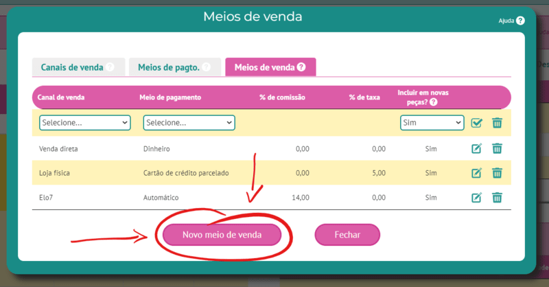 Incluindo meios de venda