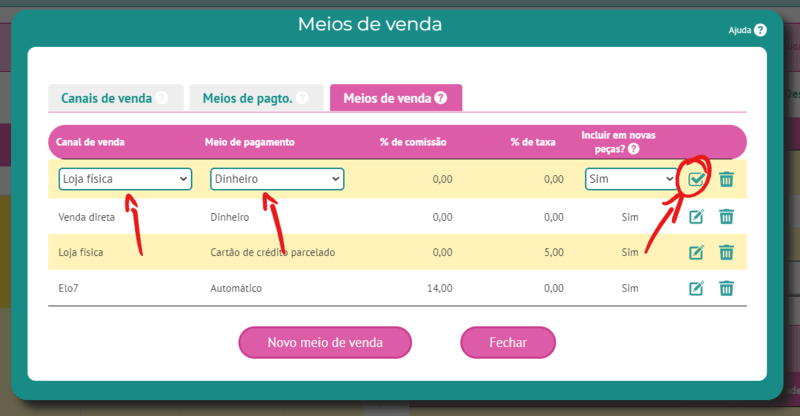 Salvando o meio de venda