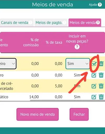 Salvando o meio de venda