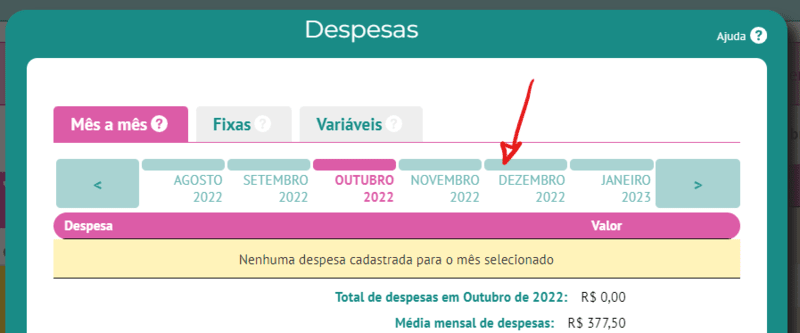 Selecionando o mês da nova despesa